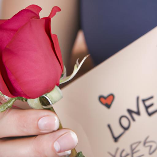 Gần cận một bàn tay phụ nữ cầm hoa hồng và một bức thư tình trong nền.