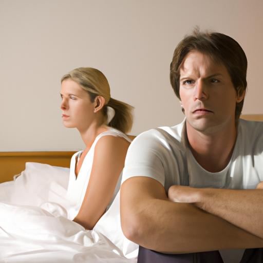 Một cặp đôi ngồi trên giường, trông không hạnh phúc và cách xa nhau