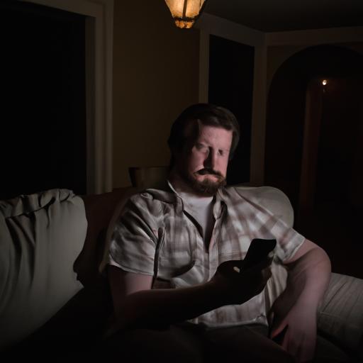 Một người ngồi một mình trong một căn phòng tối, nhìn chăm chú vào màn hình điện thoại với biểu hiện lo lắng.